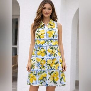 NWT Sugarlips Lemon Print Dress - Yellow and Blue Size Large PTP 21 - Length 35